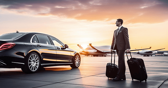Airport transfer car near a runway